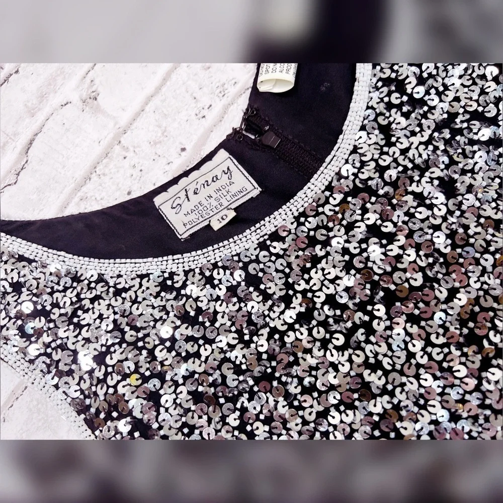 Stenay Vintage Silver Sequin Party Dress made in India Silk Lining 10 - Picture 4 of 14